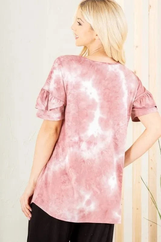 Heimish Full Size Ruffled Sleeve Tie Dye Top Plus Size - ShalayeFashion