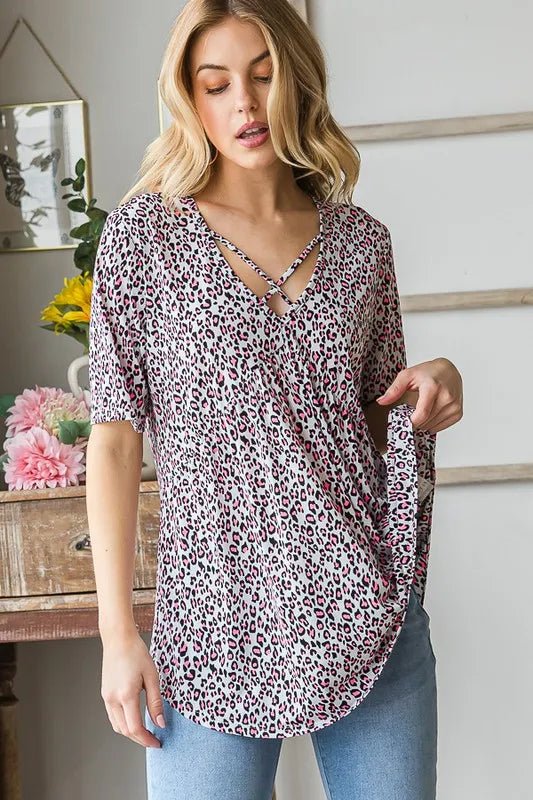 Heimish Full Size Short Sleeve Crisscross Animal Babydoll Top Plus Size - ShalayeFashion
