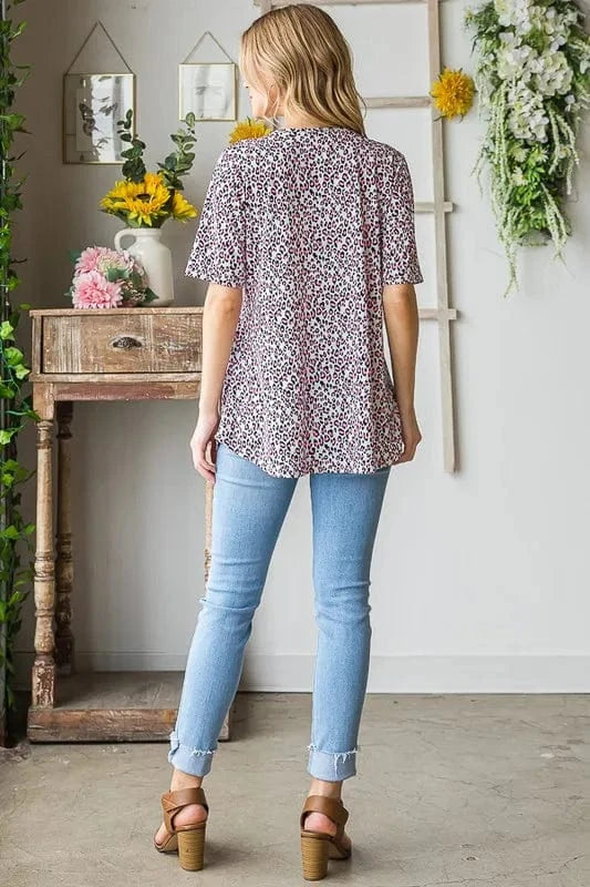 Heimish Full Size Short Sleeve Crisscross Animal Babydoll Top Plus Size - ShalayeFashion