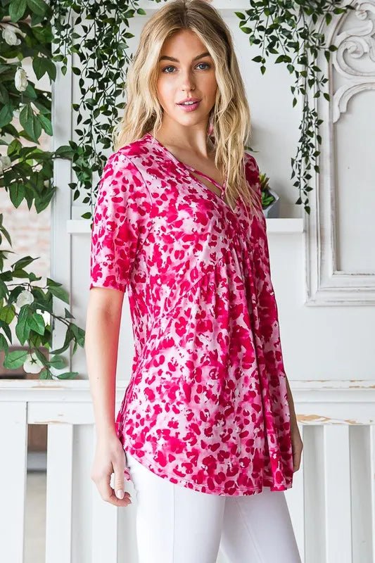Heimish Full Size Short Sleeve Crisscross Animal Babydoll Top Plus Size - ShalayeFashion