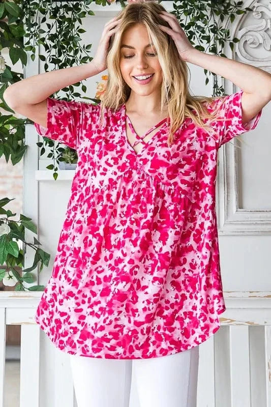 Heimish Full Size Short Sleeve Crisscross Animal Babydoll Top Plus Size - ShalayeFashion
