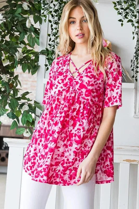 Heimish Full Size Short Sleeve Crisscross Animal Babydoll Top Plus Size - ShalayeFashion