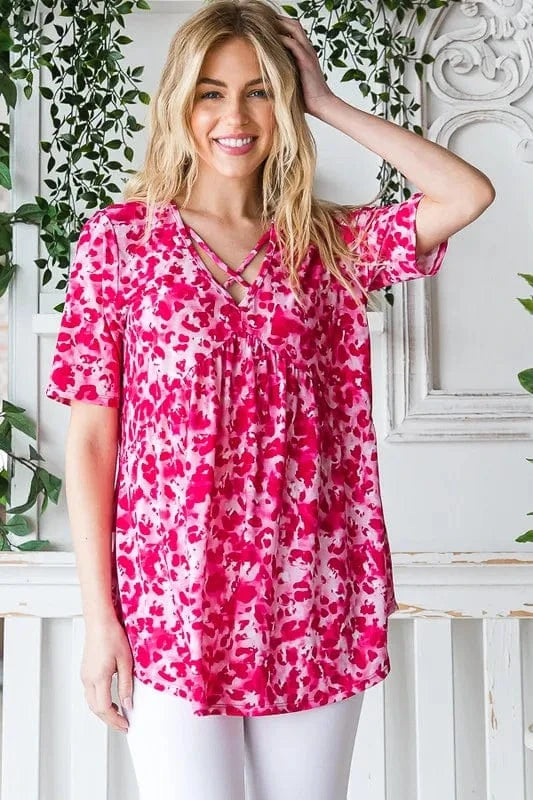 Heimish Full Size Short Sleeve Crisscross Animal Babydoll Top Plus Size - ShalayeFashion