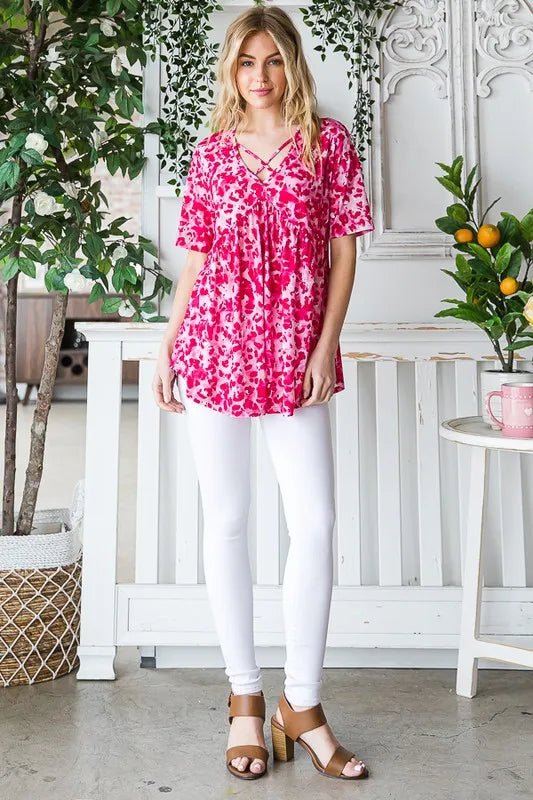 Heimish Full Size Short Sleeve Crisscross Animal Babydoll Top Plus Size - ShalayeFashion