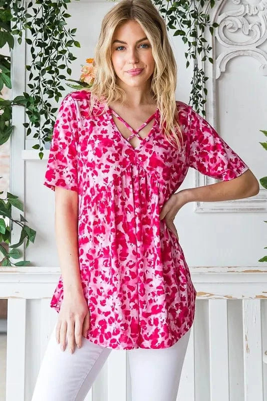 Heimish Full Size Short Sleeve Crisscross Animal Babydoll Top Plus Size - ShalayeFashion