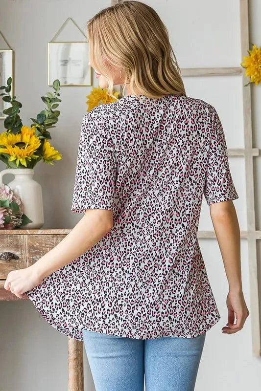 Heimish Full Size Short Sleeve Crisscross Animal Babydoll Top Plus Size - ShalayeFashion
