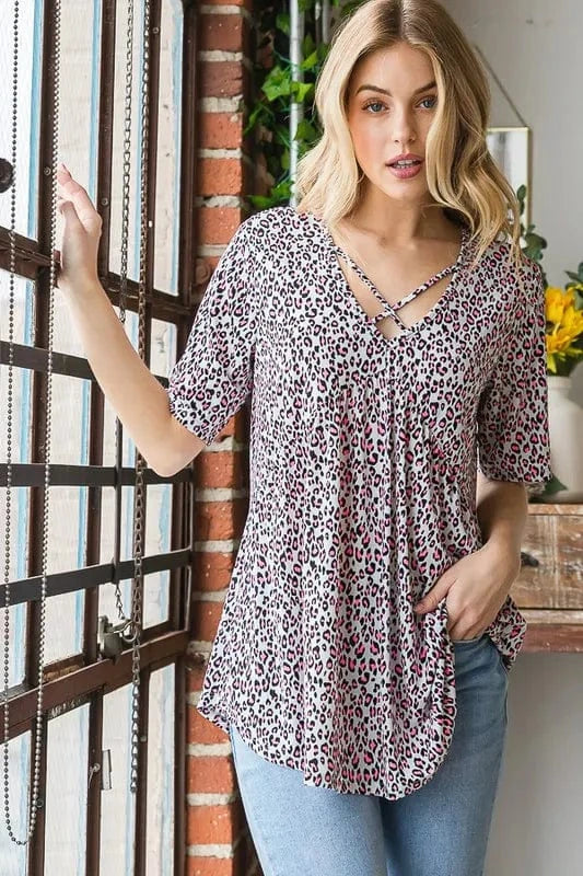 Heimish Full Size Short Sleeve Crisscross Animal Babydoll Top Plus Size - ShalayeFashion