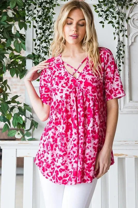 Heimish Full Size Short Sleeve Crisscross Animal Babydoll Top Plus Size - ShalayeFashion