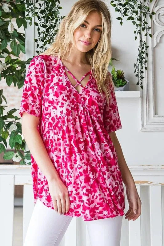 Heimish Full Size Short Sleeve Crisscross Animal Babydoll Top Plus Size - ShalayeFashion