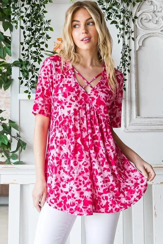 Heimish Full Size Short Sleeve Crisscross Animal Babydoll Top Plus Size - ShalayeFashion