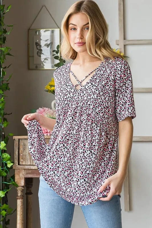 Heimish Full Size Short Sleeve Crisscross Animal Babydoll Top Plus Size - ShalayeFashion