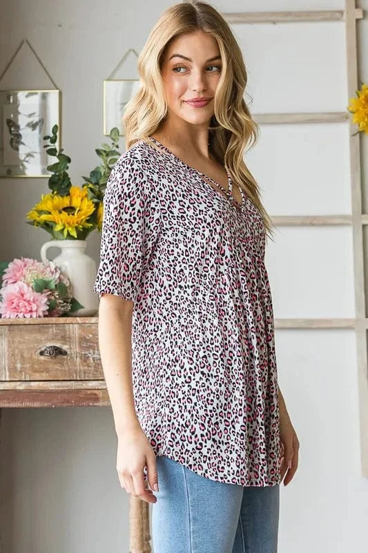 Heimish Full Size Short Sleeve Crisscross Animal Babydoll Top Plus Size - ShalayeFashion