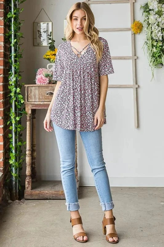 Heimish Full Size Short Sleeve Crisscross Animal Babydoll Top Plus Size - ShalayeFashion