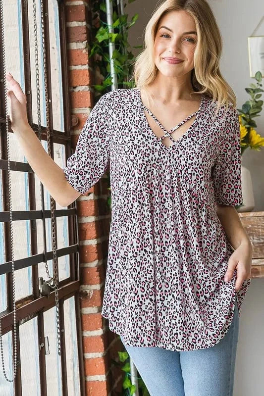 Heimish Full Size Short Sleeve Crisscross Animal Babydoll Top Plus Size - ShalayeFashion