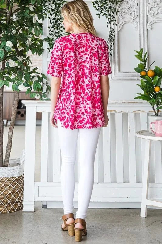 Heimish Full Size Short Sleeve Crisscross Animal Babydoll Top Plus Size - ShalayeFashion