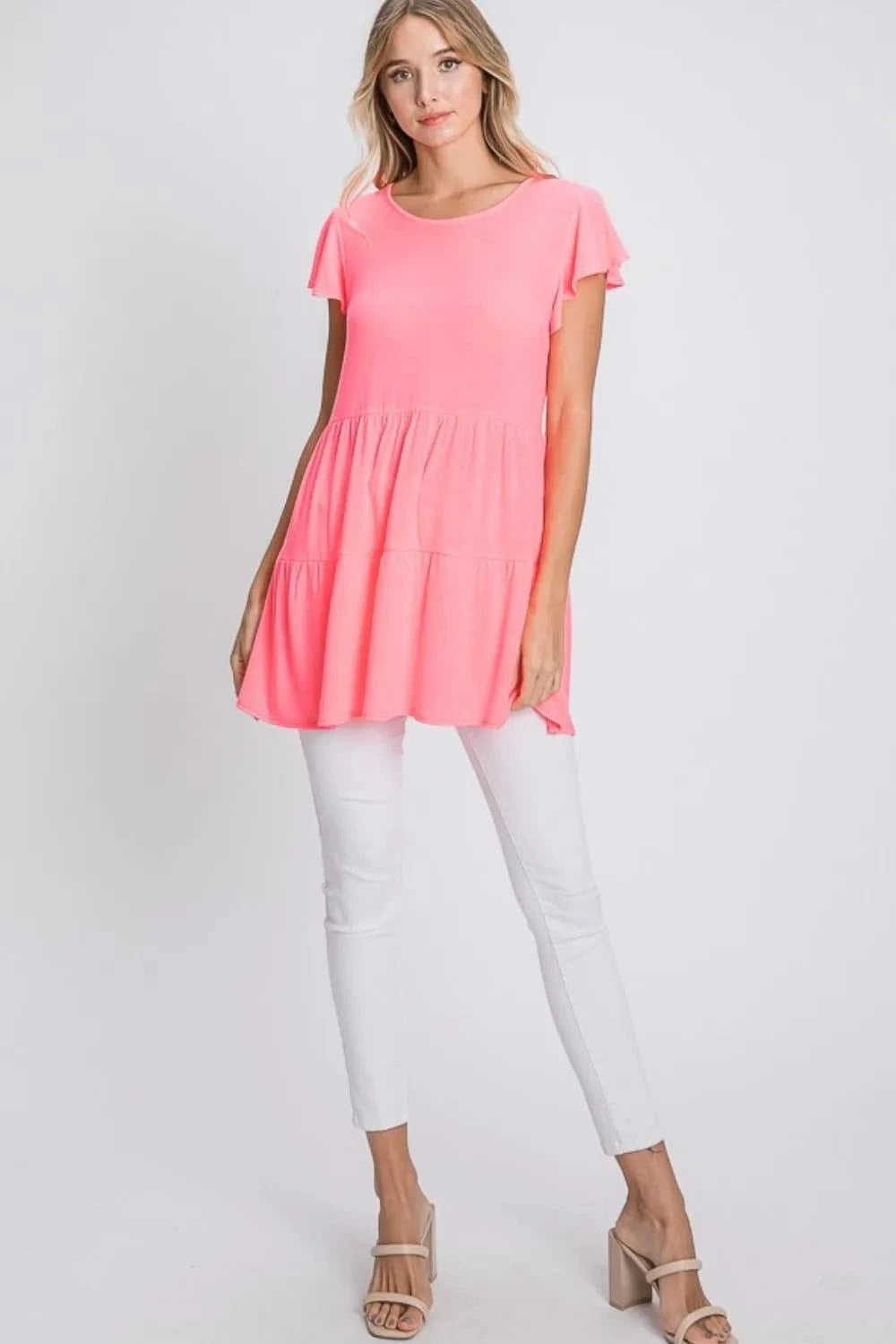 Heimish Full Size Tiered Round Neck Ruffle Sleeve Top Plus Size - ShalayeFashion
