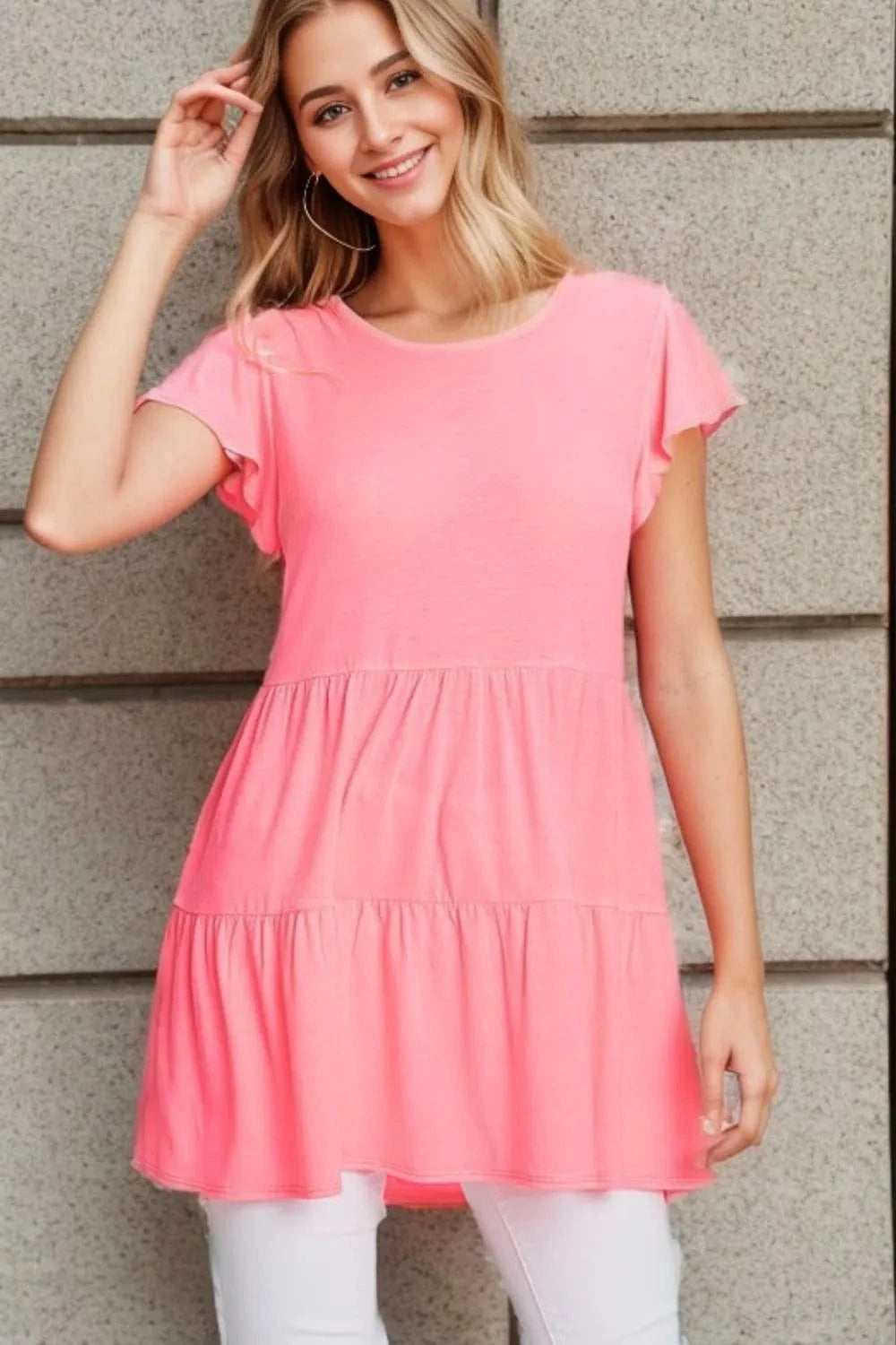 Heimish Full Size Tiered Round Neck Ruffle Sleeve Top Plus Size - ShalayeFashion