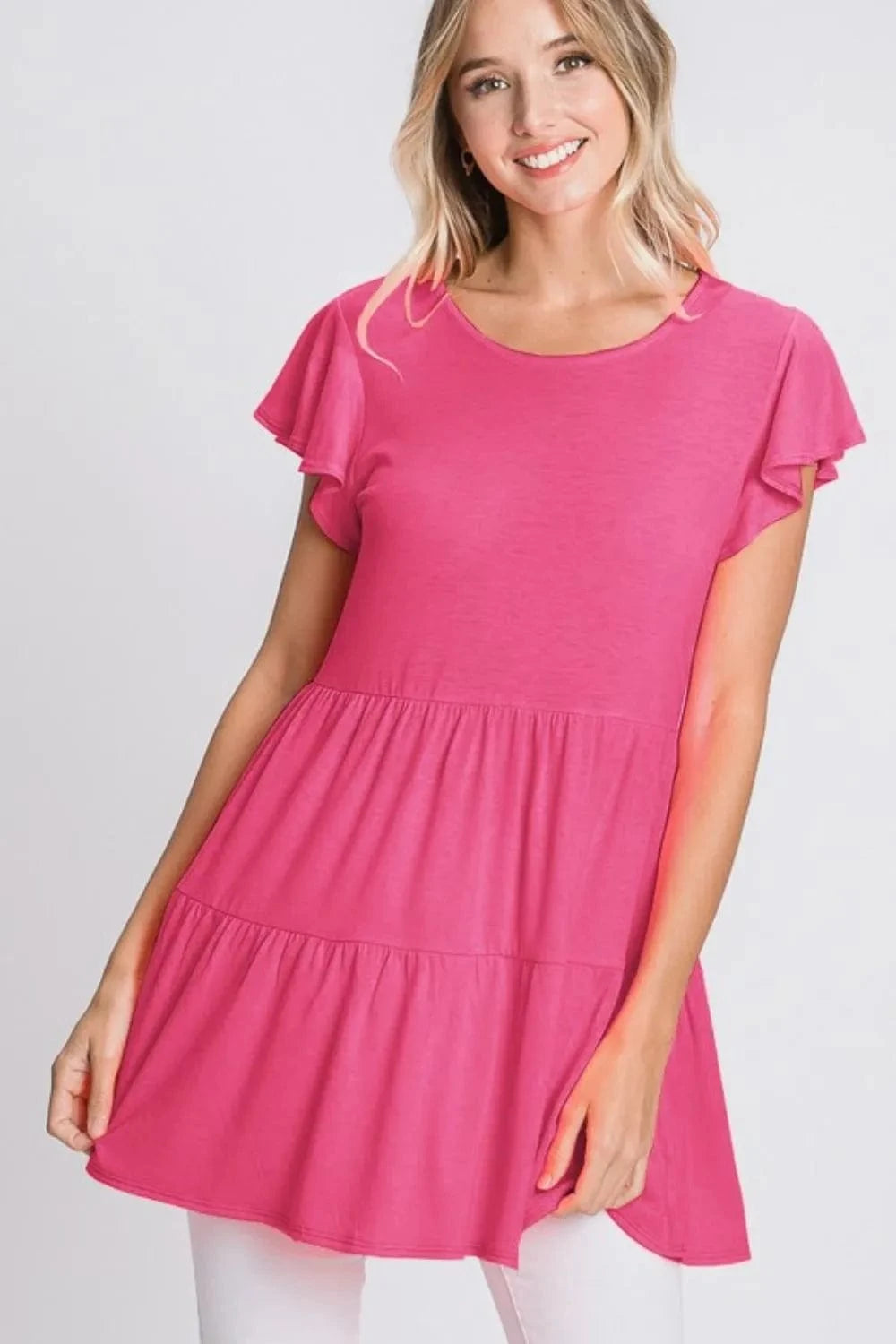 Heimish Full Size Tiered Round Neck Ruffle Sleeve Top Plus Size - ShalayeFashion