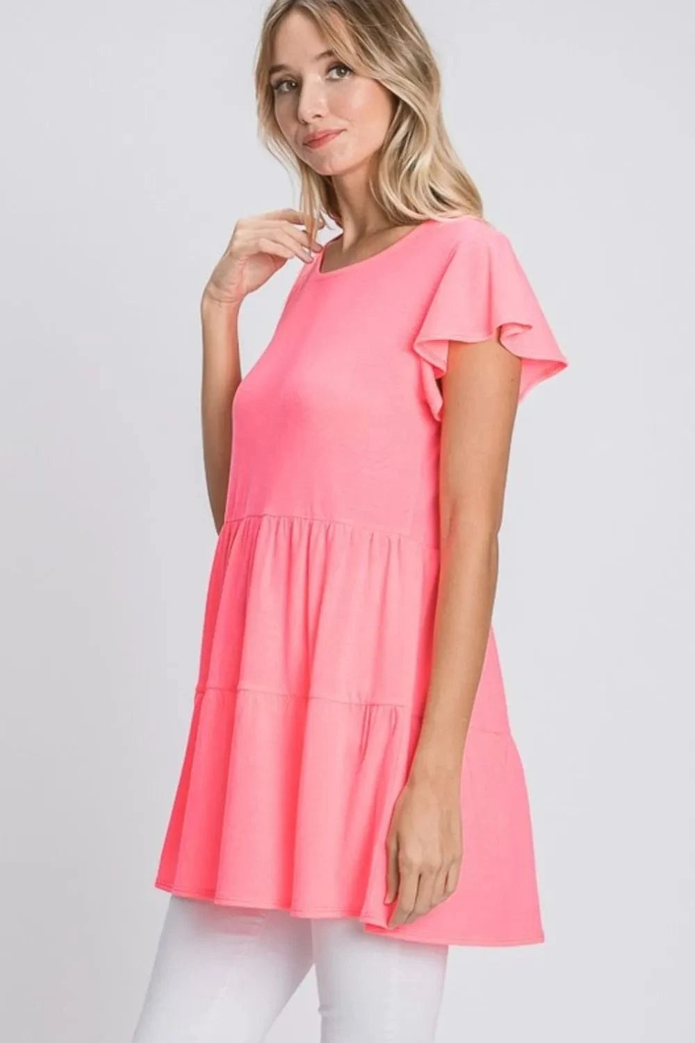 Heimish Full Size Tiered Round Neck Ruffle Sleeve Top Plus Size - ShalayeFashion
