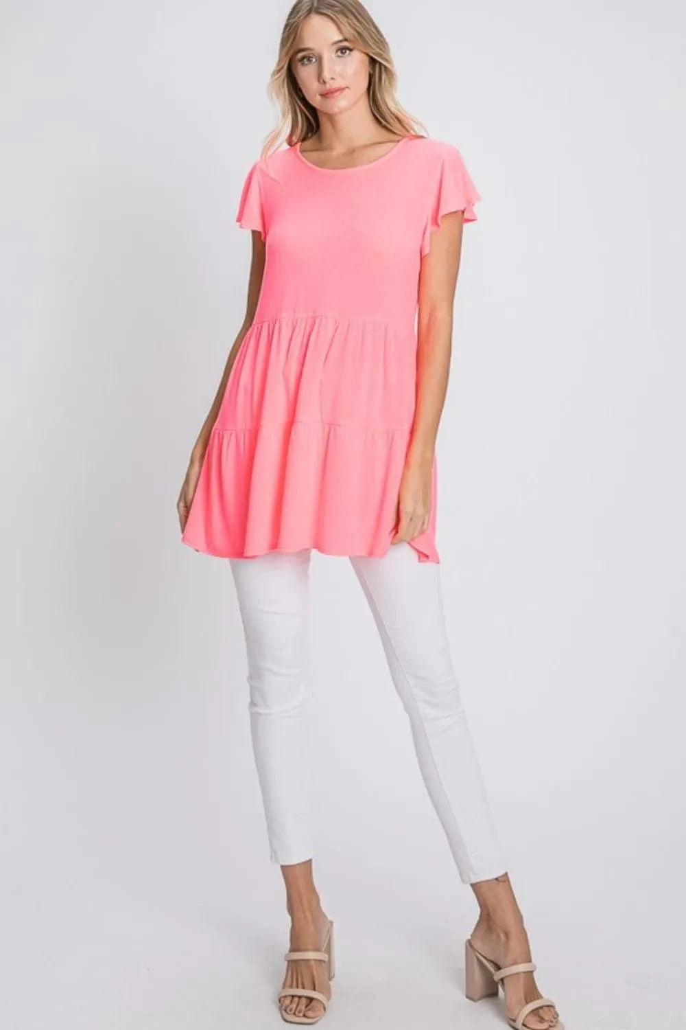 Heimish Full Size Tiered Round Neck Ruffle Sleeve Top Plus Size - ShalayeFashion