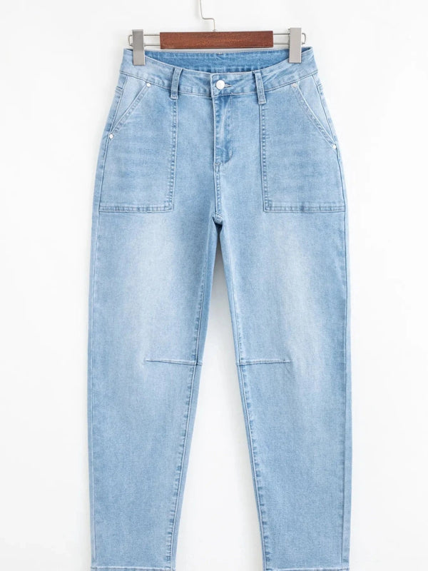 High Rise Barrel Relaxed Patch Pocket Jeans - ShalayeFashion