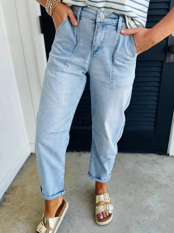 High Rise Barrel Relaxed Patch Pocket Jeans - ShalayeFashion