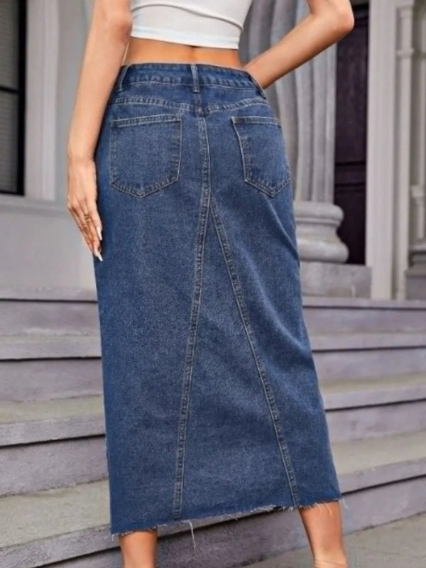 High Waist Slit Midi Denim Skirt Pockets - ShalayeFashion