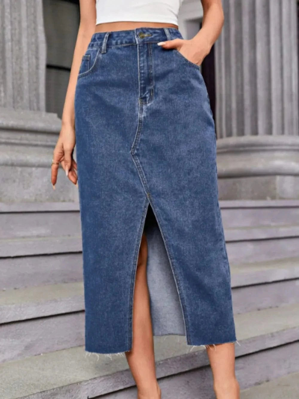 High Waist Slit Midi Denim Skirt Pockets - ShalayeFashion
