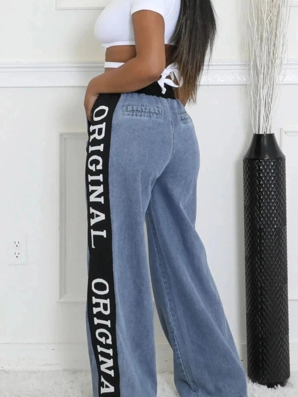 High Waist Wide Leg Denim Jeans with Side Letter Print - ShalayeFashion
