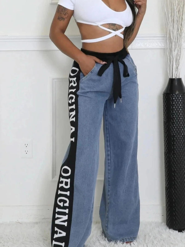 High Waist Wide Leg Denim Jeans with Side Letter Print - ShalayeFashion