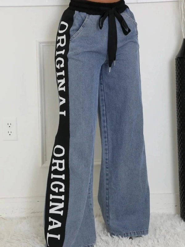 High Waist Wide Leg Denim Jeans with Side Letter Print - ShalayeFashion