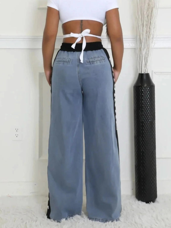High Waist Wide Leg Denim Jeans with Side Letter Print - ShalayeFashion