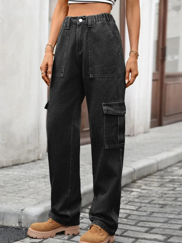 High - Waisted Cargo Jeans - ShalayeFashion