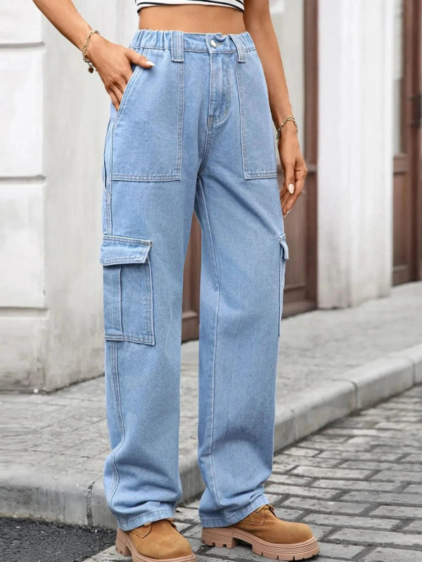 High - Waisted Cargo Jeans - ShalayeFashion