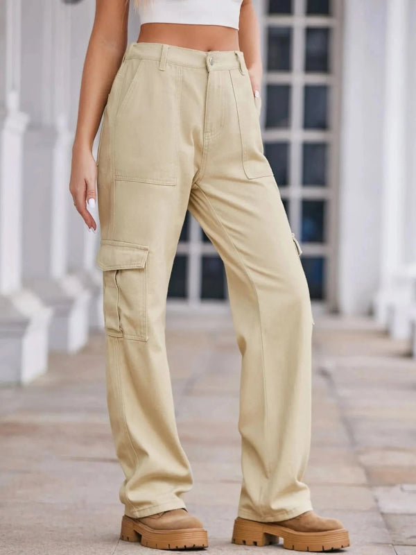 High - Waisted Cargo Jeans - ShalayeFashion