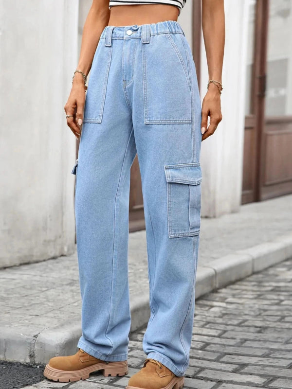High - Waisted Cargo Jeans - ShalayeFashion