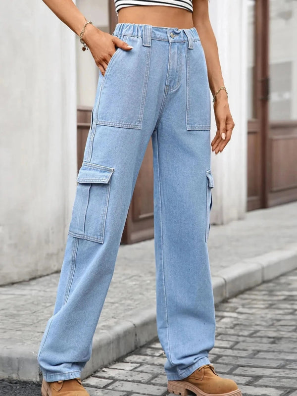 High - Waisted Cargo Jeans - ShalayeFashion