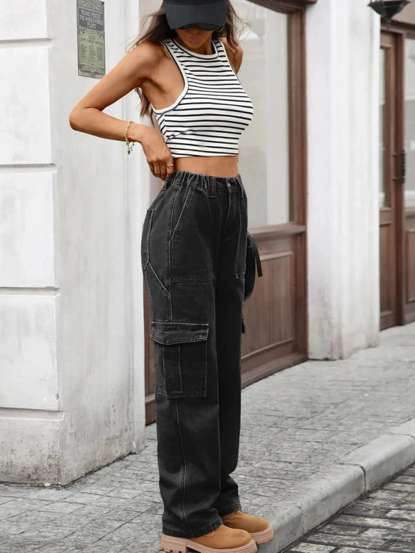 High - Waisted Cargo Jeans - ShalayeFashion