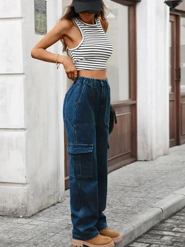 High - Waisted Cargo Jeans - ShalayeFashion
