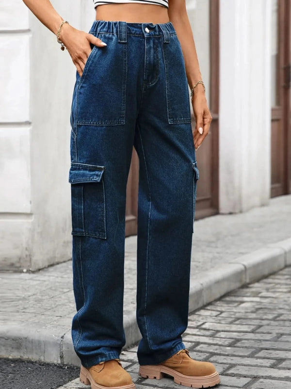 High - Waisted Cargo Jeans - ShalayeFashion
