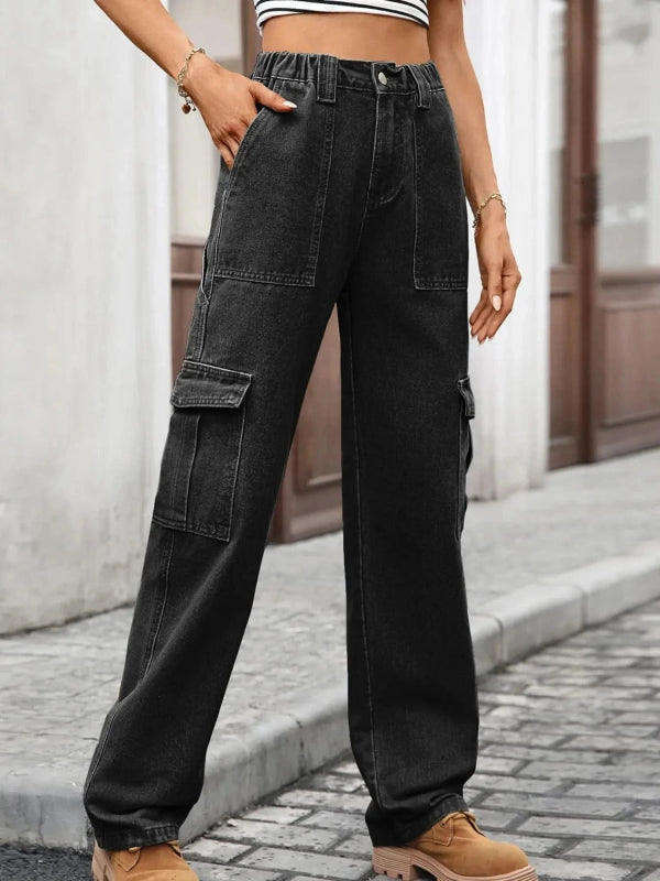 High - Waisted Cargo Jeans - ShalayeFashion