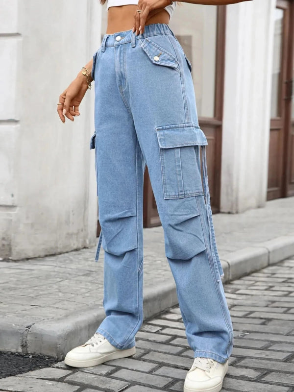 High Waisted Cargo Pocket Jeans - ShalayeFashion