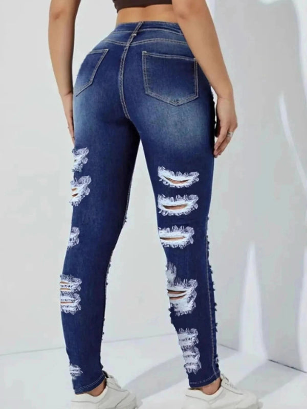 High Waisted Distressed Skinny Jeans - ShalayeFashion