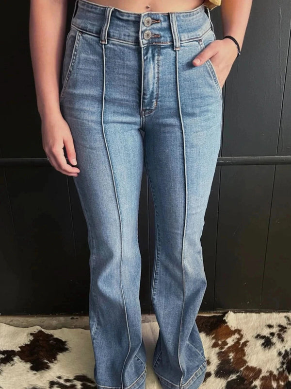 High - Waisted Flare Jeans with Seam Detail - ShalayeFashion