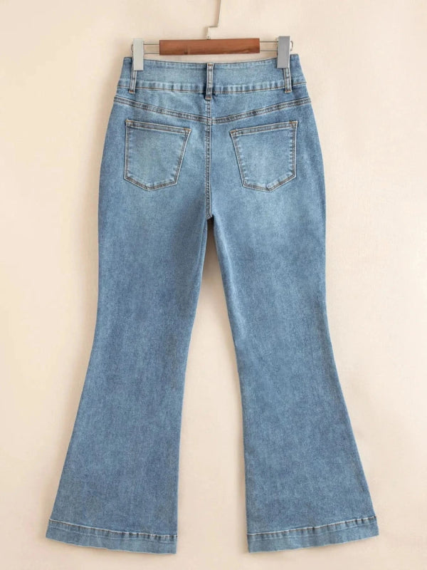 High - Waisted Flare Jeans with Seam Detail - ShalayeFashion