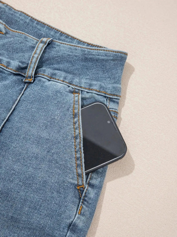High - Waisted Flare Jeans with Seam Detail - ShalayeFashion