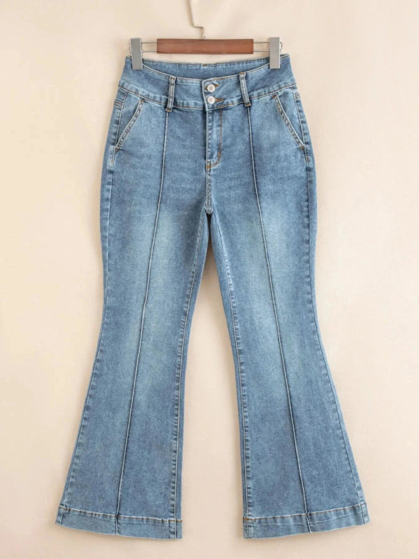 High - Waisted Flare Jeans with Seam Detail - ShalayeFashion