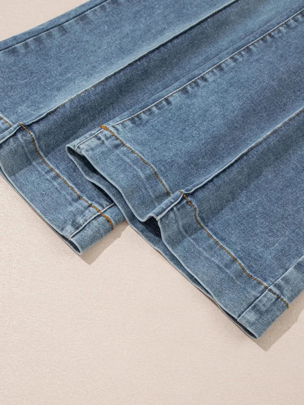 High - Waisted Flare Jeans with Seam Detail - ShalayeFashion