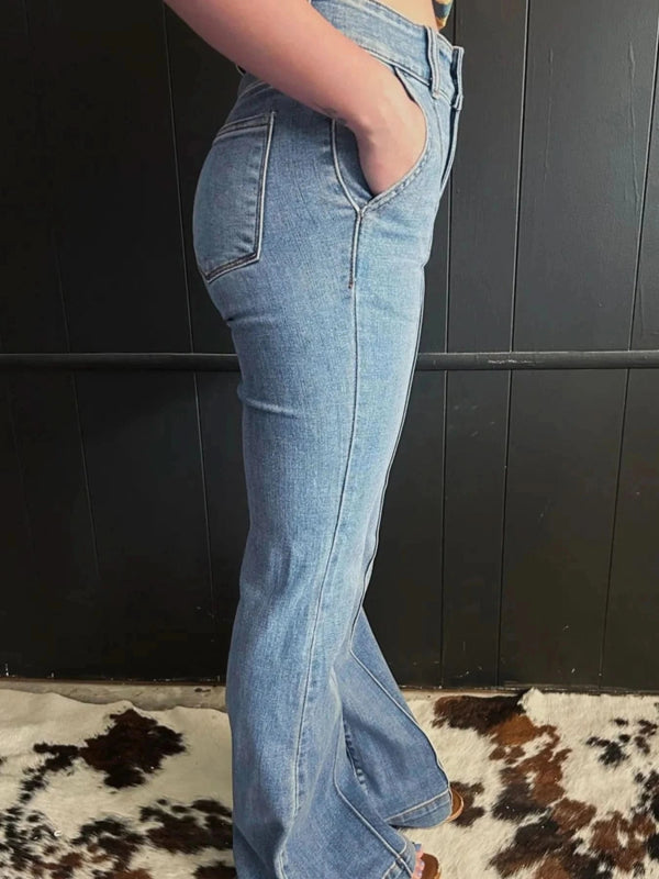 High - Waisted Flare Jeans with Seam Detail - ShalayeFashion