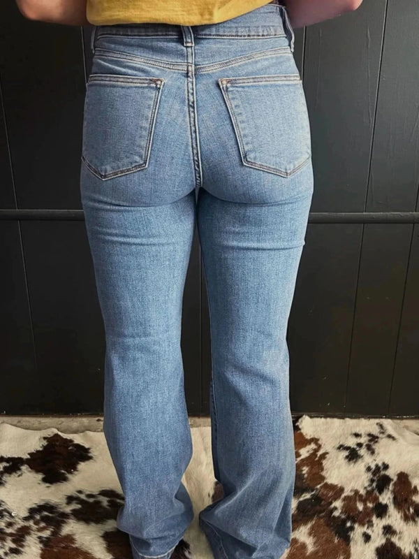 High - Waisted Flare Jeans with Seam Detail - ShalayeFashion